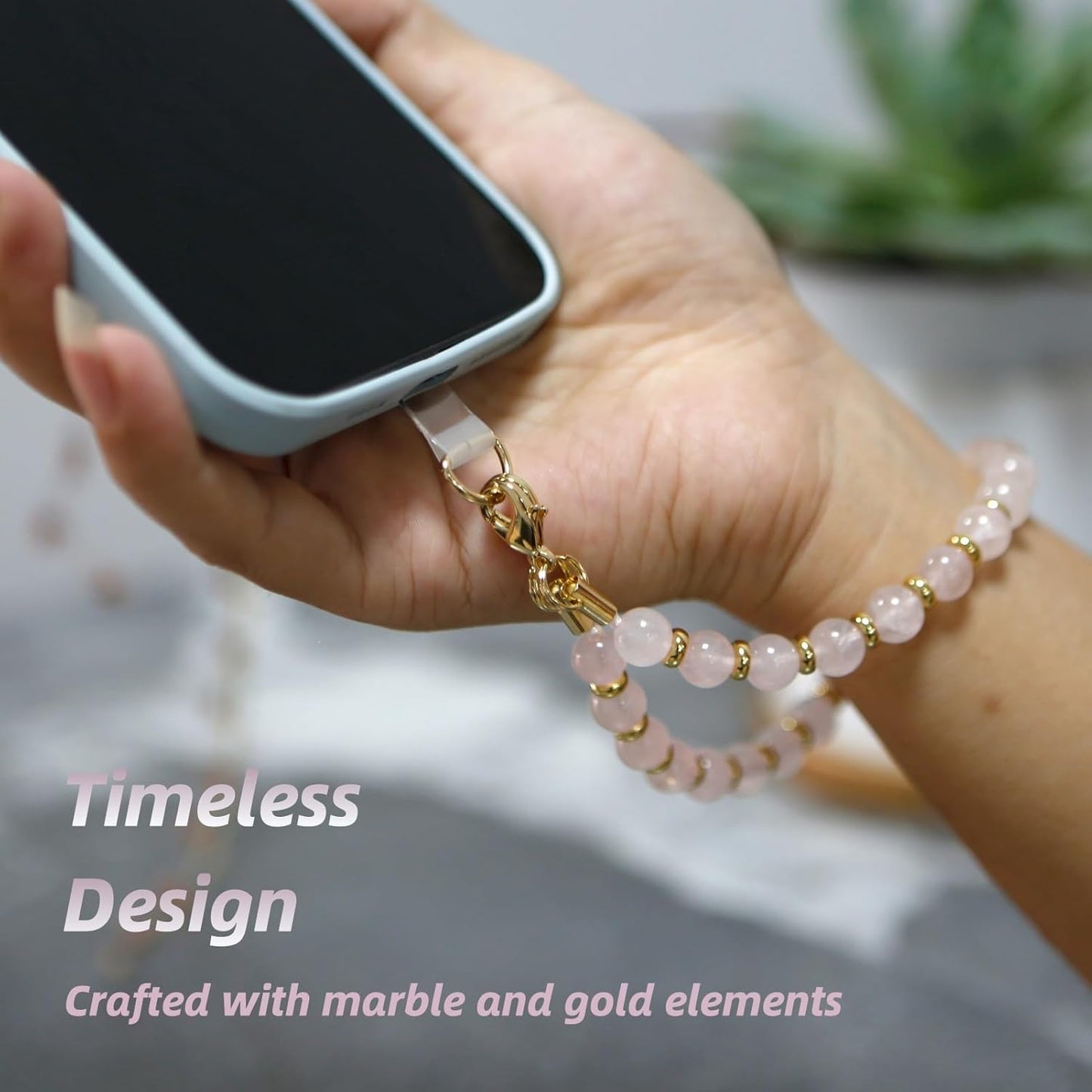 Marble Beaded Phone Wrist Strap,Detachable Phone Bracelet Strap with Tether Tab,Hands-Free Wristlet Strap (Rose Quartz)
