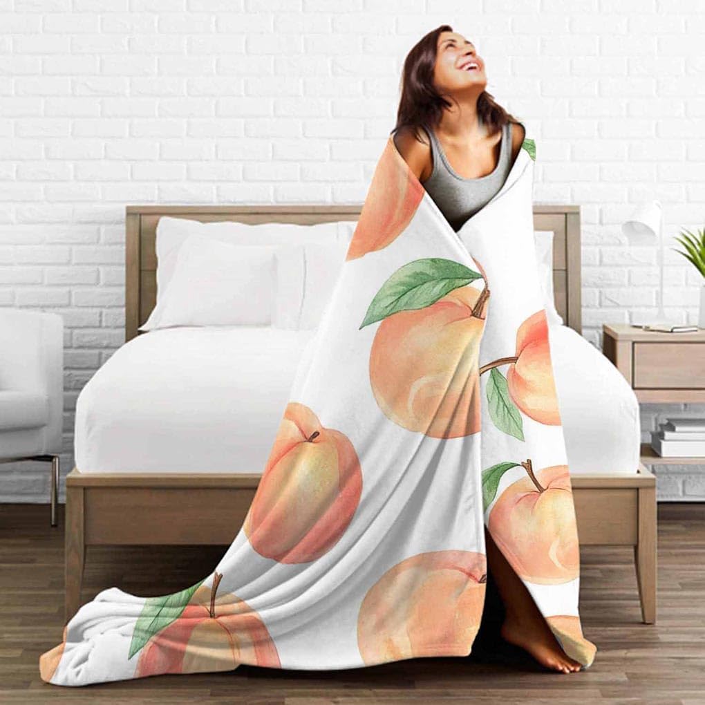 Mugod Peach Throw Blanket Watercolor Hand Drawn Peaches Seamless Pattern Decorative Soft Warm Cozy Flannel Plush Throws Blankets for Bedding Sofa Couch 50 X 60 Inch