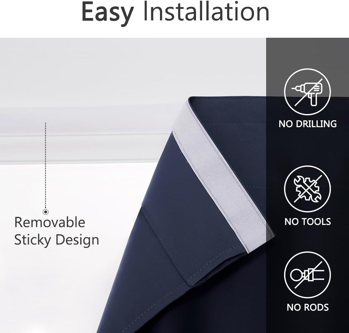 Muamar No Drill Blackout Curtain, Easy Install Window Curtain Panels, Portable Bedroom Curtains 2 Panel Sets, Light Blocking Shades for Window (Navy Blue, 42" W x 84" L)