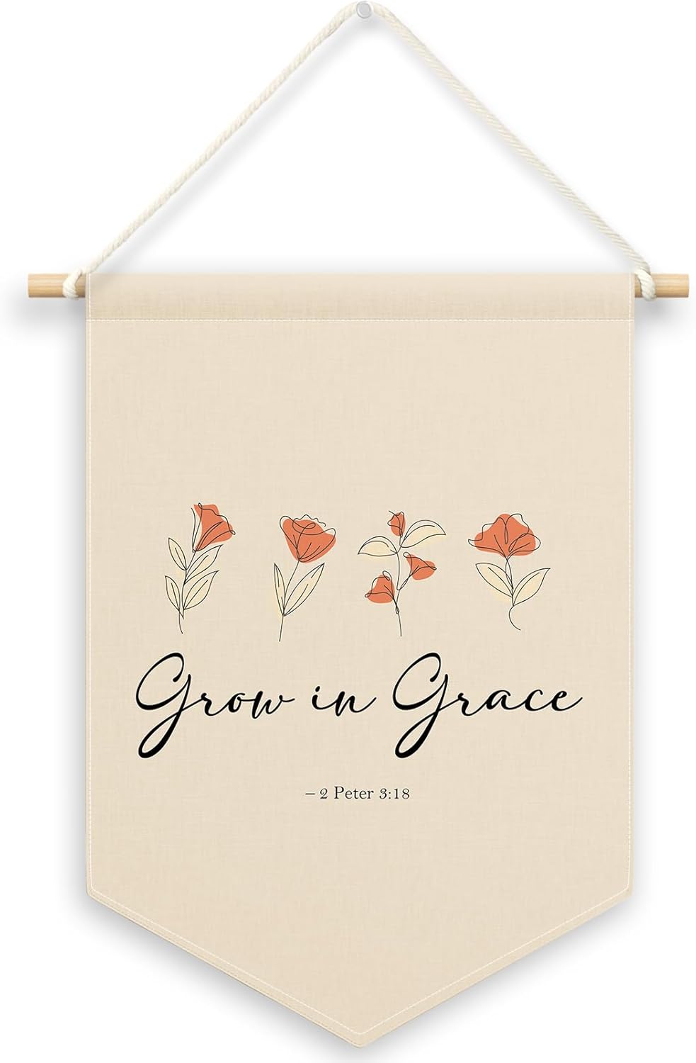Nursery Christian Floral Banner Canvas, Grow in Grace Baby Kids Room Decor, Beige Pennant Flag Sign Hanging, Inspirational Wall Art Gifts for Toddler Room Baby Shower Playroom Decor 11x15in