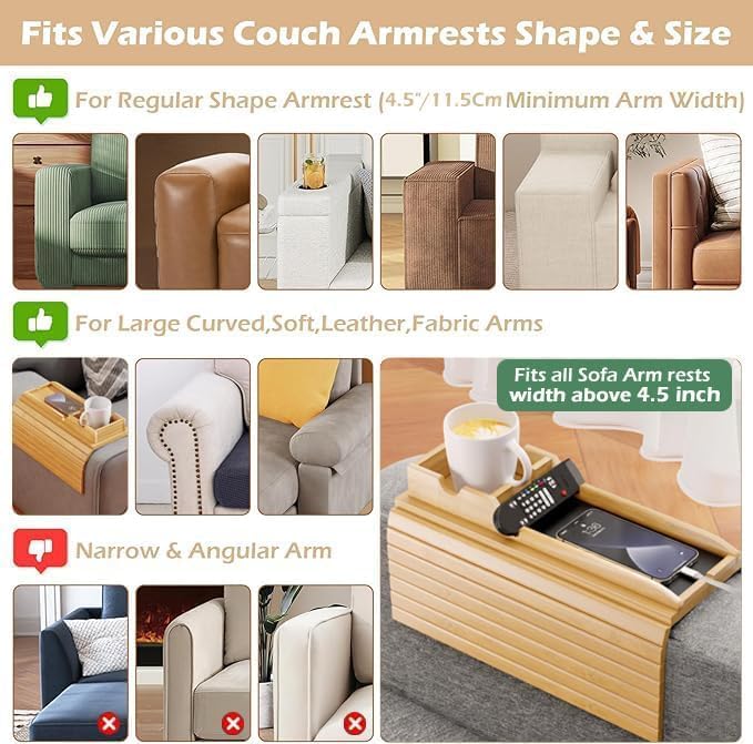Bamboo Sofa Armrest Tray -with Detachable Cup Holder, Fits Arms up to 6 Inches Wide - Foldable Non-Slip Bamboo Sofa Arm Tray Table for Remote, Cell-Phone & Drinks, Snacks – Space-Saving, 17.7"x12.8"