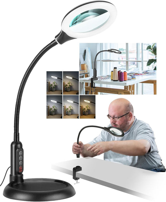 10X Magnifying Glass with Light and Stand, LED 5 Color Modes, Brightness Stepless Dimming Lighted Magnifier Hands Free with Flexible Goose-neck Desk Clamp Lamp for Close Works, Crafts, Hobby, Painting