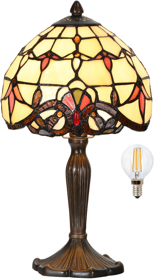 TL0007 Tiffany Lamp Baroque Design Stained Glass Table Lamp 8" D x 14.25" H for Living Room Bedroom Bedside Nightstand Home Office, LED Bulb Included (Beige Baroque)
