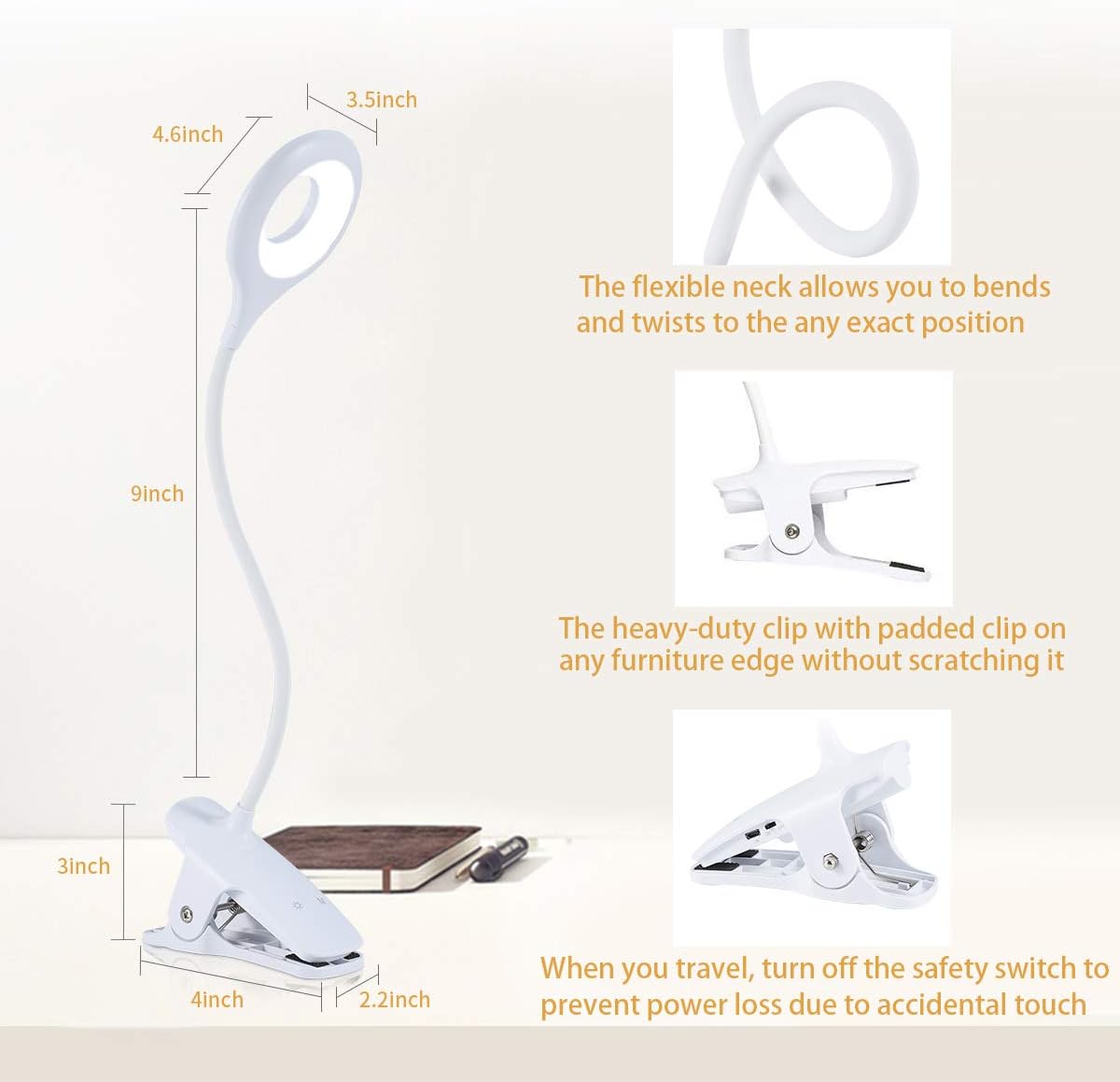 Reading Light, 28 LEDs Rechargeable Clip on Lamp, 3 Color x 3 Brightness Clip On Light for Bed Headboard with Safety Switch, Eye Protection Book Light for Reading in Bed, Touch Control Table Desk Lamp