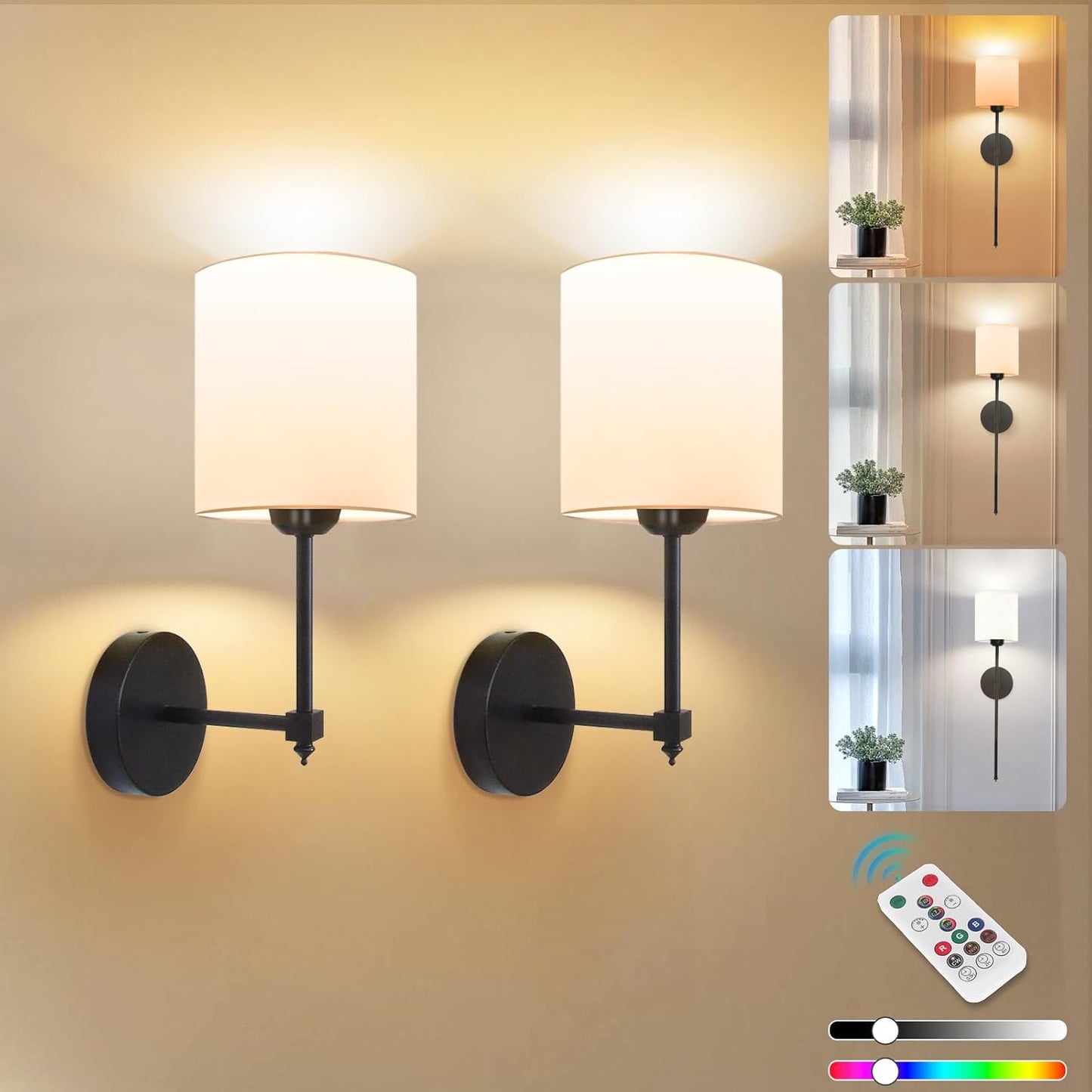 Adetu Wall Lights Battery Operated Wall Sconces Set of 2, 5CCT Black Rechargeable Wall Lamp with Remote & Bulbs,10 RGB Dimmable Colors Wireless Wall Sconces for Bedroom Living Room Hallway