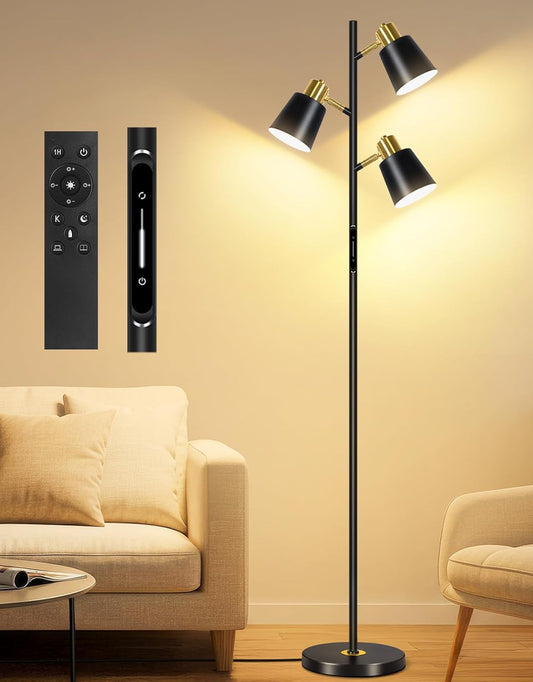 OUTON Tree Floor Lamp, LED Dimmable Floor Lamp with Remote and Touch Slide Control, 4 Color Temperatures, 3 Rotatable Lights, Modern Standing Lamp for Living Room Bedroom Office, Black Gold