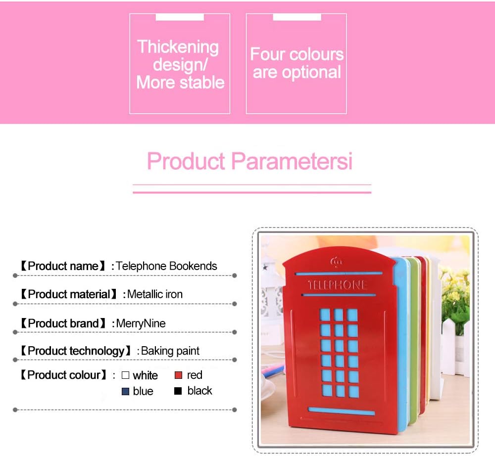 MerryNine 4 Pack Book Ends, Metal Bookends for Shelves, Telephone Booth Decorative Bookends, Non Skid Heavy Bookends, Book, Magazine or CD Organizers for Home and Office (Red-4pcs)