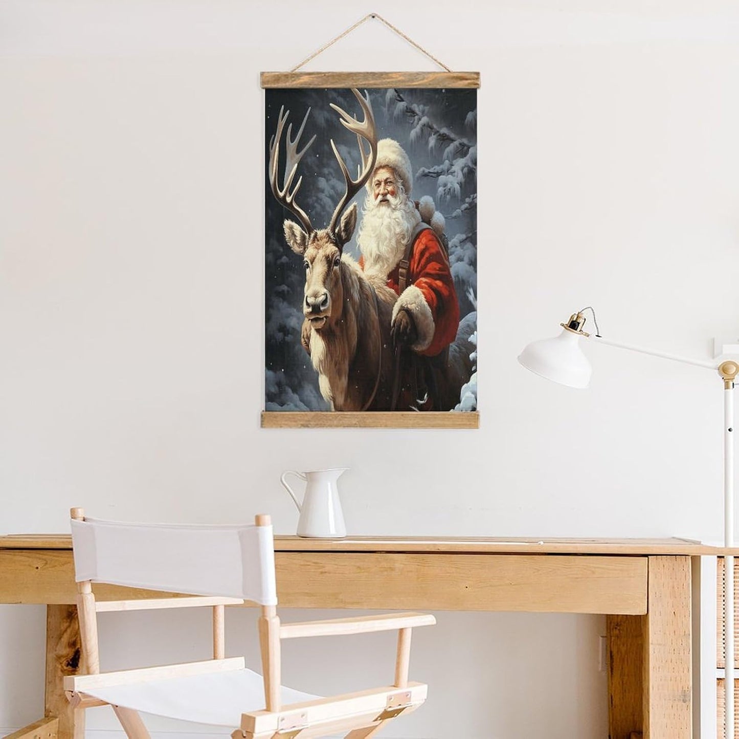 Vintage Santa Claus And Deer Elk Poster with Wooden Frame Personalized Linen Hanging Scroll Painting Rustic Wall Hanging Illustrative Modern Artwork Decor for Home Living Room Bedroom Office
