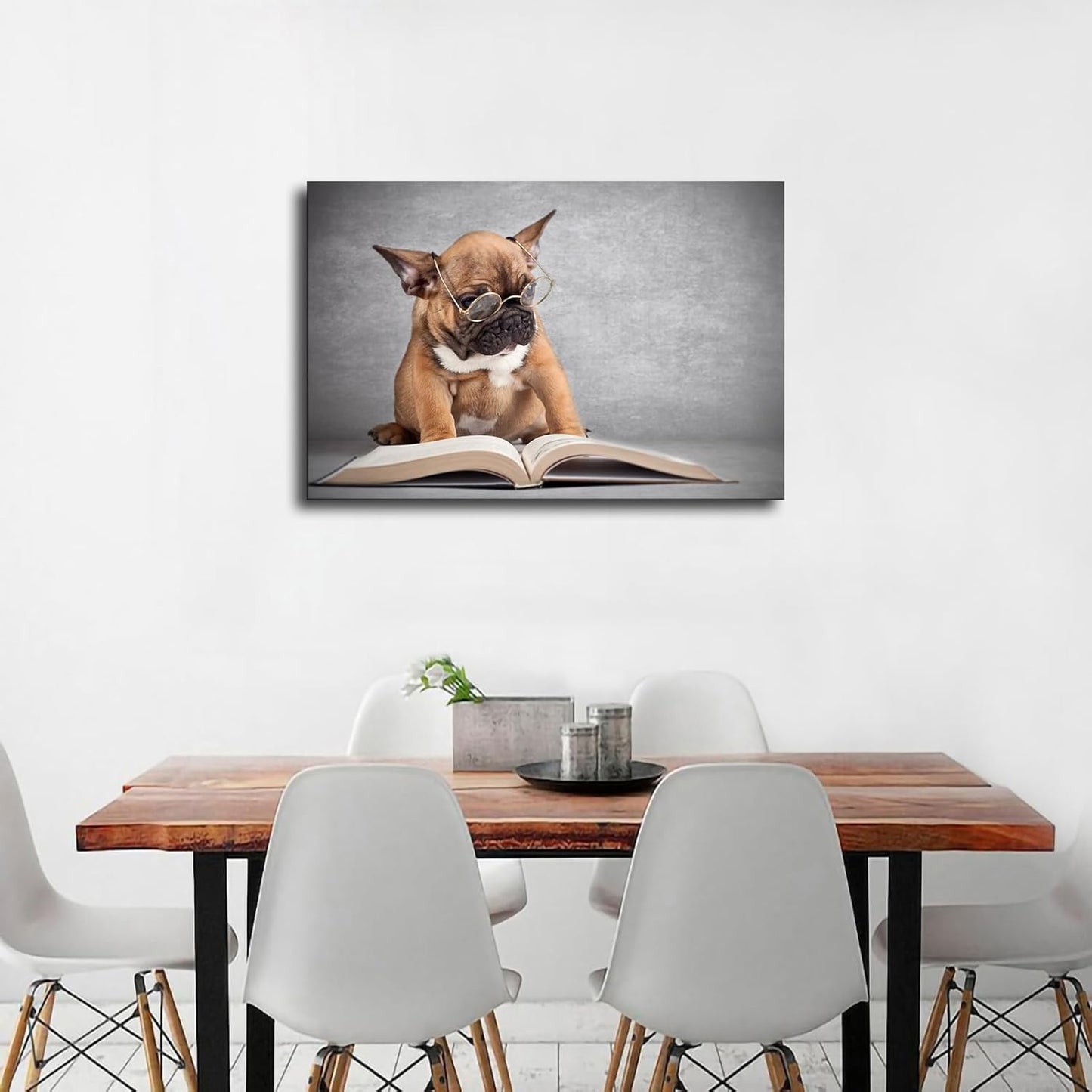 Bulldog Dog Reading Book Cute Puppy Animal Poster Decorative Painting Print Modern Home Bedroom Living Room Decoration Canvas Wall Art Aesthetic (12×18inch_Framed)