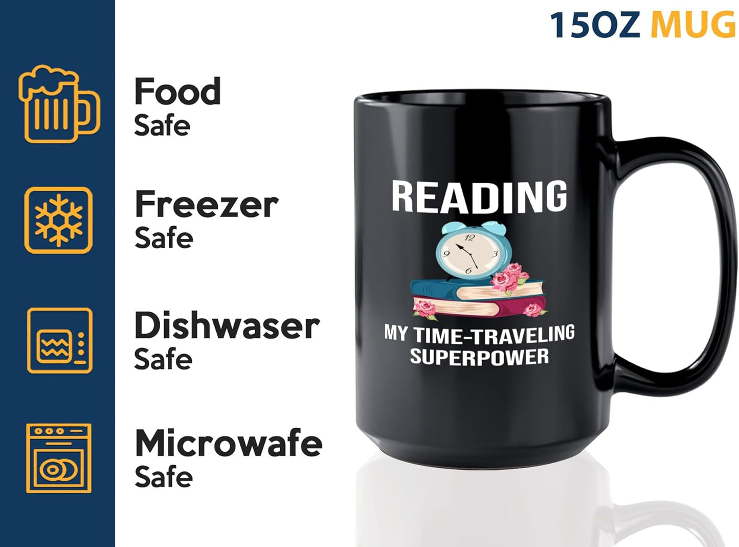 Book Lover Coffee Mug 15oz Black -Time-traveling Sprpwr - Gift For Poets Bookish People Bibliophile Librarian Book Club Reader
