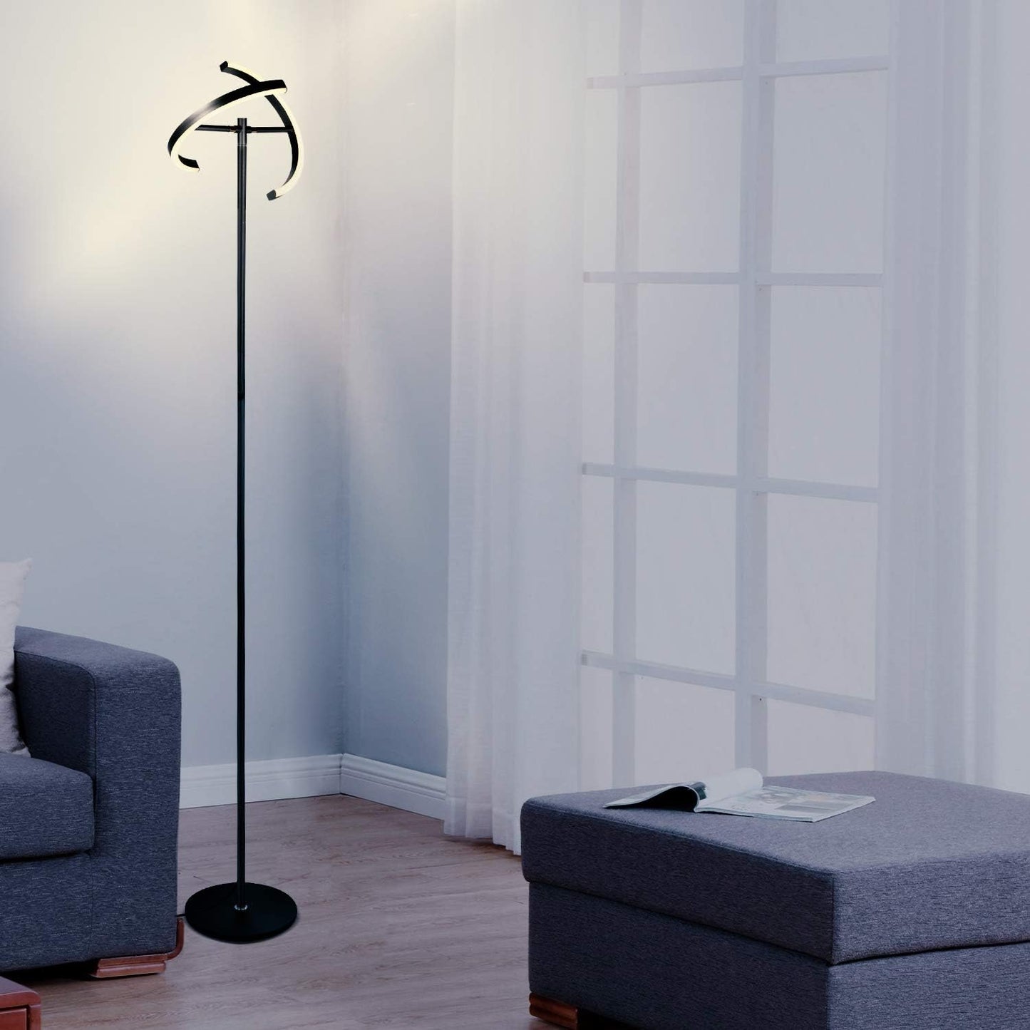 Brightech Halo Split Modern Bright LED Torchiere Floor Lamp for Offices - Dimmable, Tall Standing Lamp for Living Room or Bedroom - Adjustable Light w/Rotating Angles - Jet Black