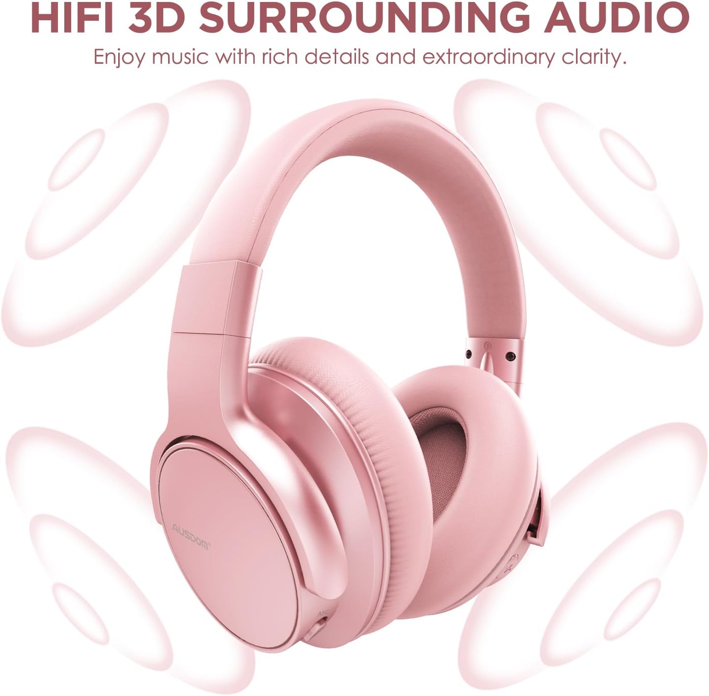 AUSDOM E7 Bluetooth Active Noise Cancelling Headphones, Wireless Over Ear ANC with Microphone, Hi-Fi Stereo Sound, 50H Playtime, Comfortable Earpads for Travel Work TV Phones, Rose Gold