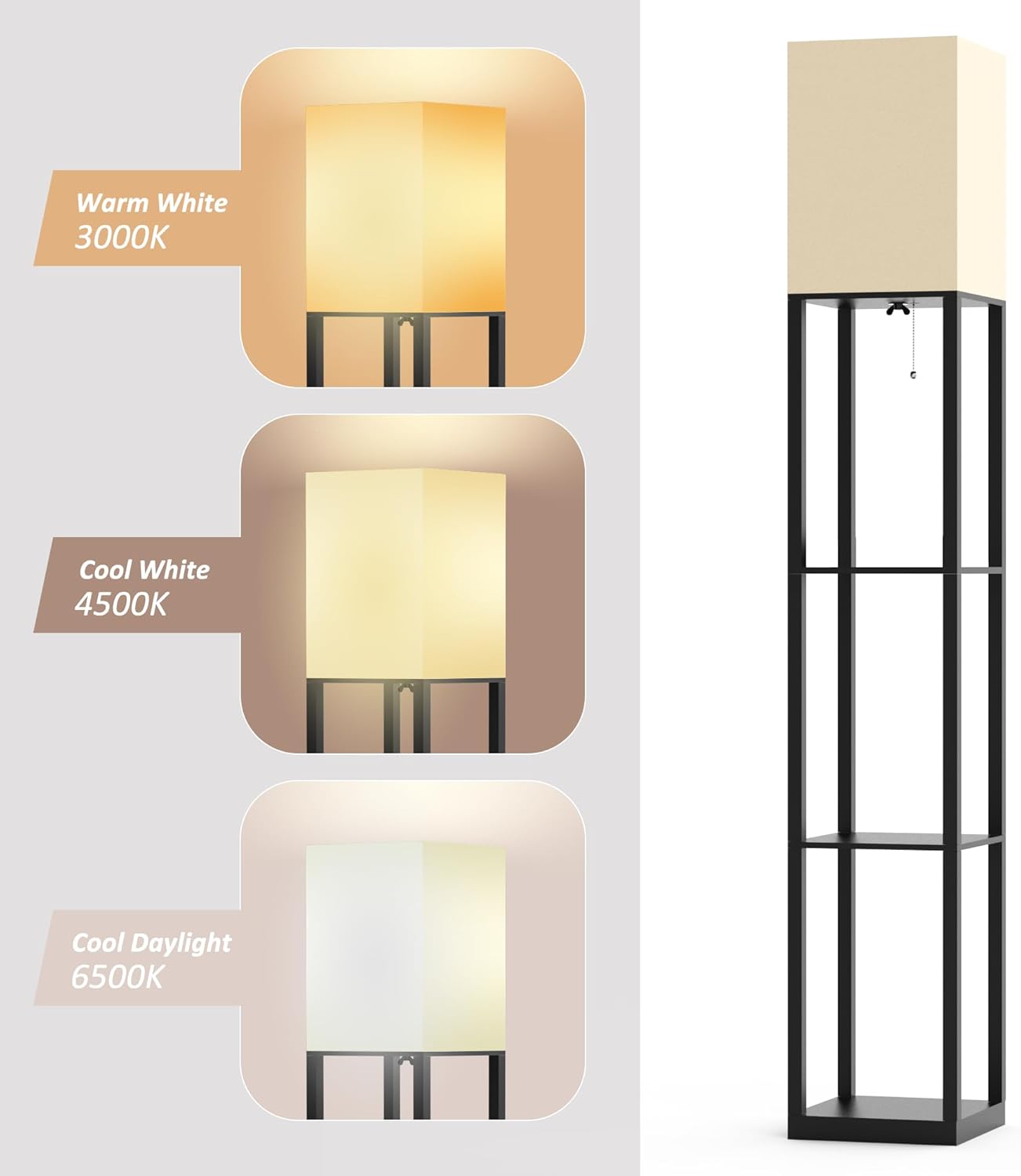Floor Lamp with Solid Wood Shelves for Living Room, 3-Tier Shelf Standing Lamp with LED Bulb and Pull Chain Switch, Corner Display Bookshelf Lamp for Living Room and Bedroom(Black)