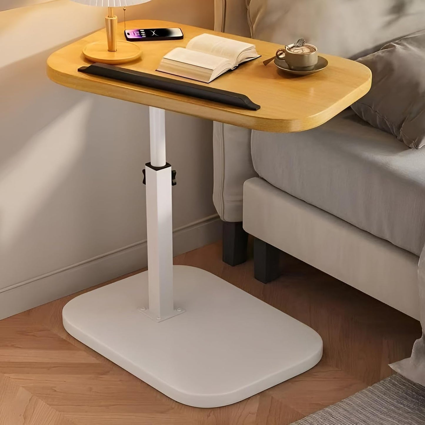 Couch Table Tray, Adjustable Height 360° Swivel Sofa Side Table for Couch, C Shaped End Table for Living Room and Bedroom