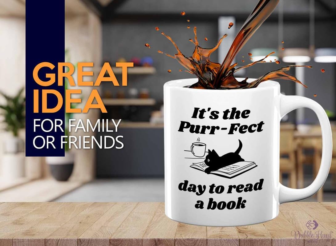 Reading Coffee Mug 11oz White - Purr-fect Day Read a Book - Reader Gift Bookworm Owl Lover Cat Lover Book Lover Novelist Librarian Writer