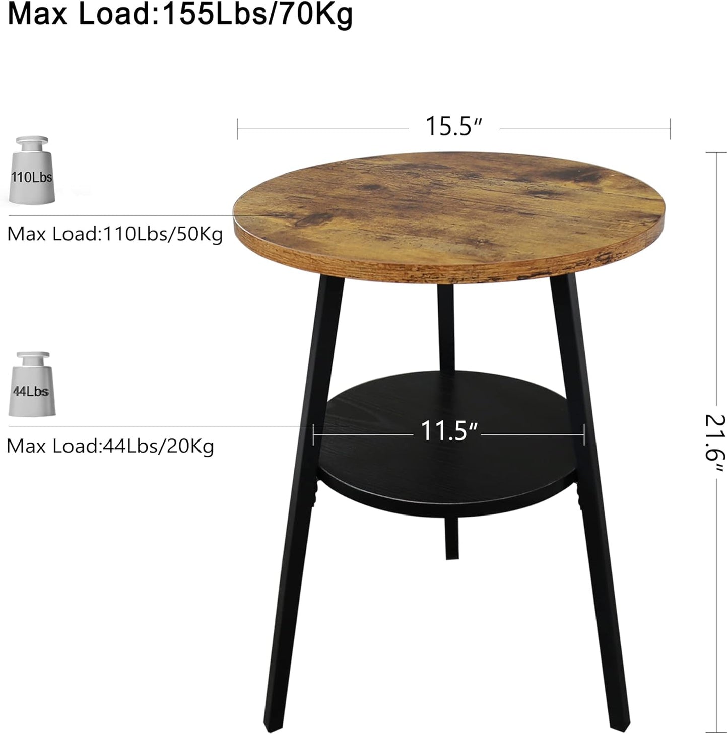 INHABIT UNION End Table, 2 Tier Round Side Table with Metal Frame, Industrial Nightstand Bedside Coffee Accent Table for Living Room Bedroom Small Space, Rustic Brown，15.4" D x 21.6" H
