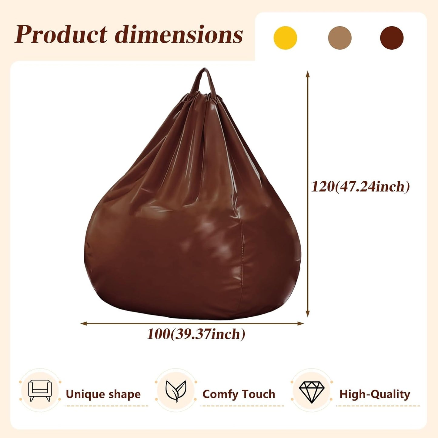 Bean Bag Chair Cover (No Filler) Luxury Faux Leather Lazy Sofa Floor Seating Pouf Lounge Envelope Beanbag Corner Seat Comfy Couch Storage Furniture for Adults & Teens(Brown Cover)