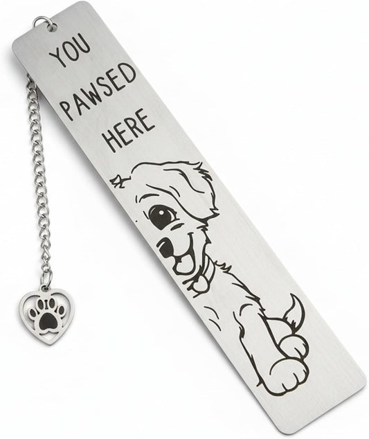 Dog Bookmark, Stainless Steel Metal Bookmark with Paw Charm, Engraved “You PAWSED HERE”, Cute Puppy Book Marker Gift for Dog Lovers & Dog Moms