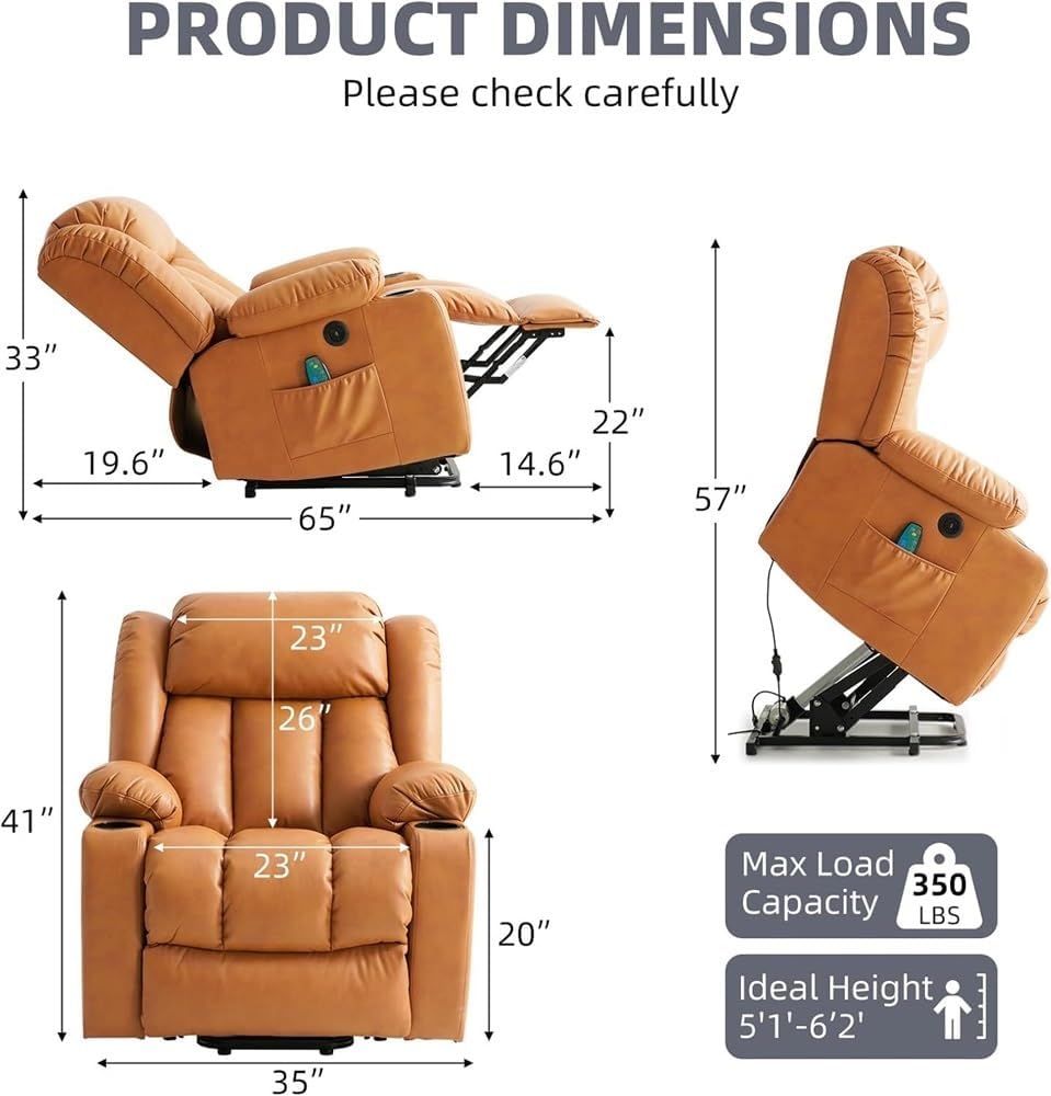 Large Power Lift Recliner Chair for Adults, Electric Massage Recliner with Heat, PU Leather Sofa with Cup Holders, USB Ports & Side Pockets, Comfortable Orange Reclining Seat