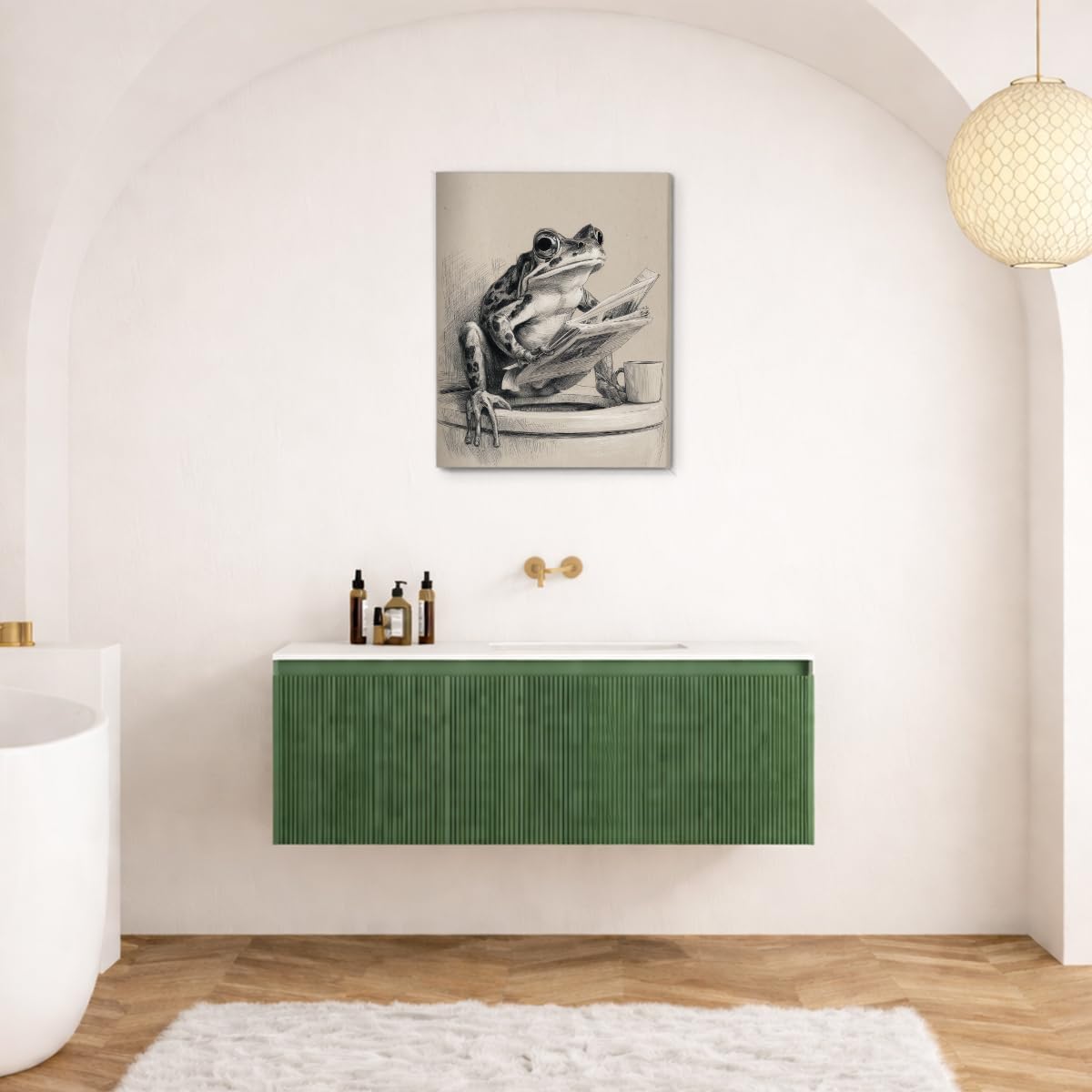 Funny Retro Frog Bathroom Wall Art Frog Reading Newspaper on Toilet Canvas Print Poster Funny Animal Bathroom Wall Decor 8x10 Inch Framed