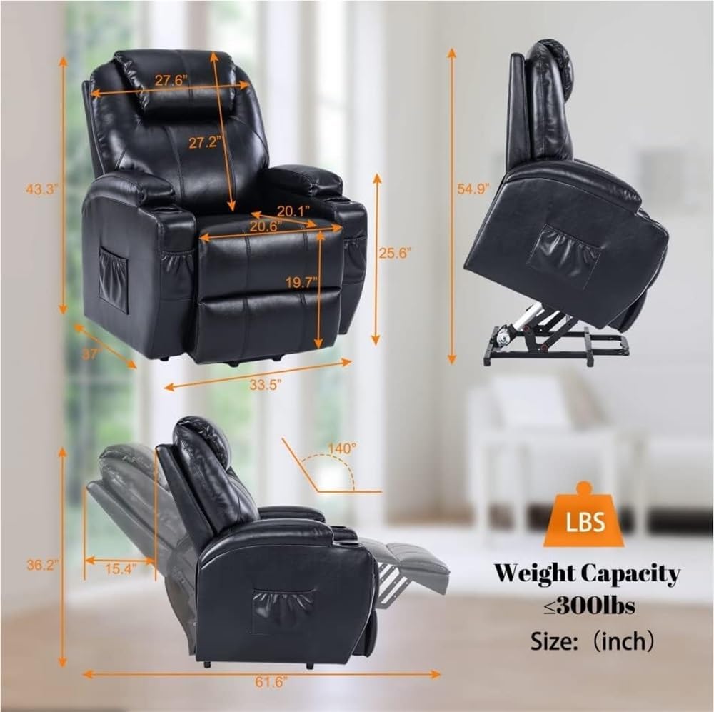 Full Air Leather Power Lift Recliner Chair for Elderly Adults Electric Recliner with Side Pockets USB Charge Ports Remote Control Comfortable Black Power Chair