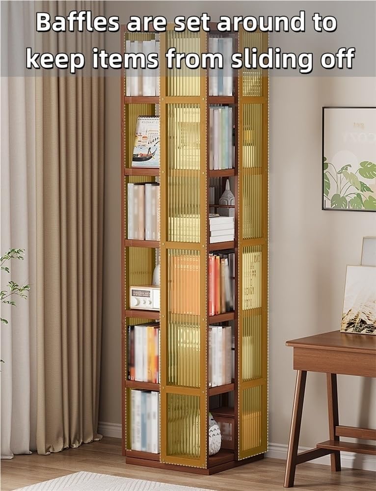 360° Rotating Floor Standing Bookshelf, Tall Open Design Revolving Bookcase with Acrylic, Space-Saving Display Shelf for Study or Living Room (Brown, 72x13.8x13.8in)