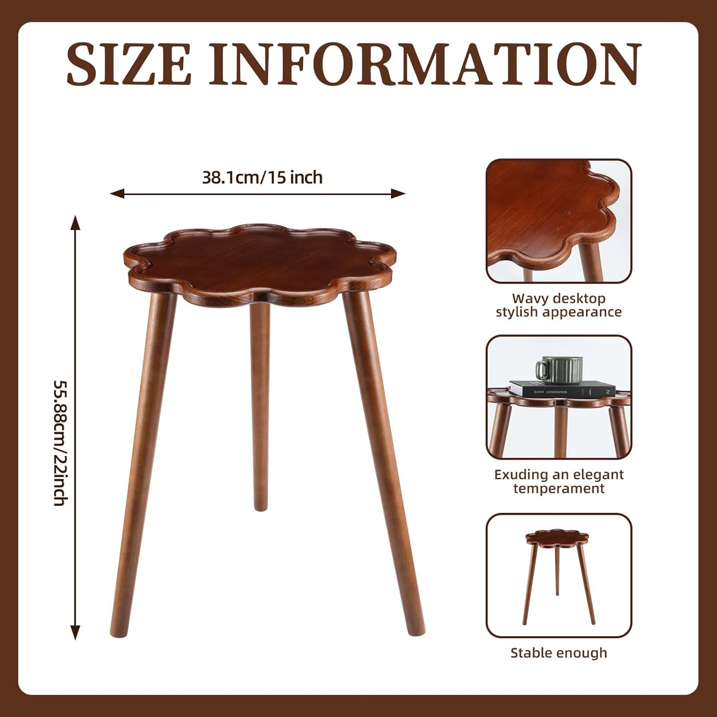 Chunful Modern Wooden Round Small Side Table 15" x 15" x 22" Brown Mid Century Solid Wood Martini End Table with Wavy Edge for Bedroom Nightstand or Living Room Accent Decor