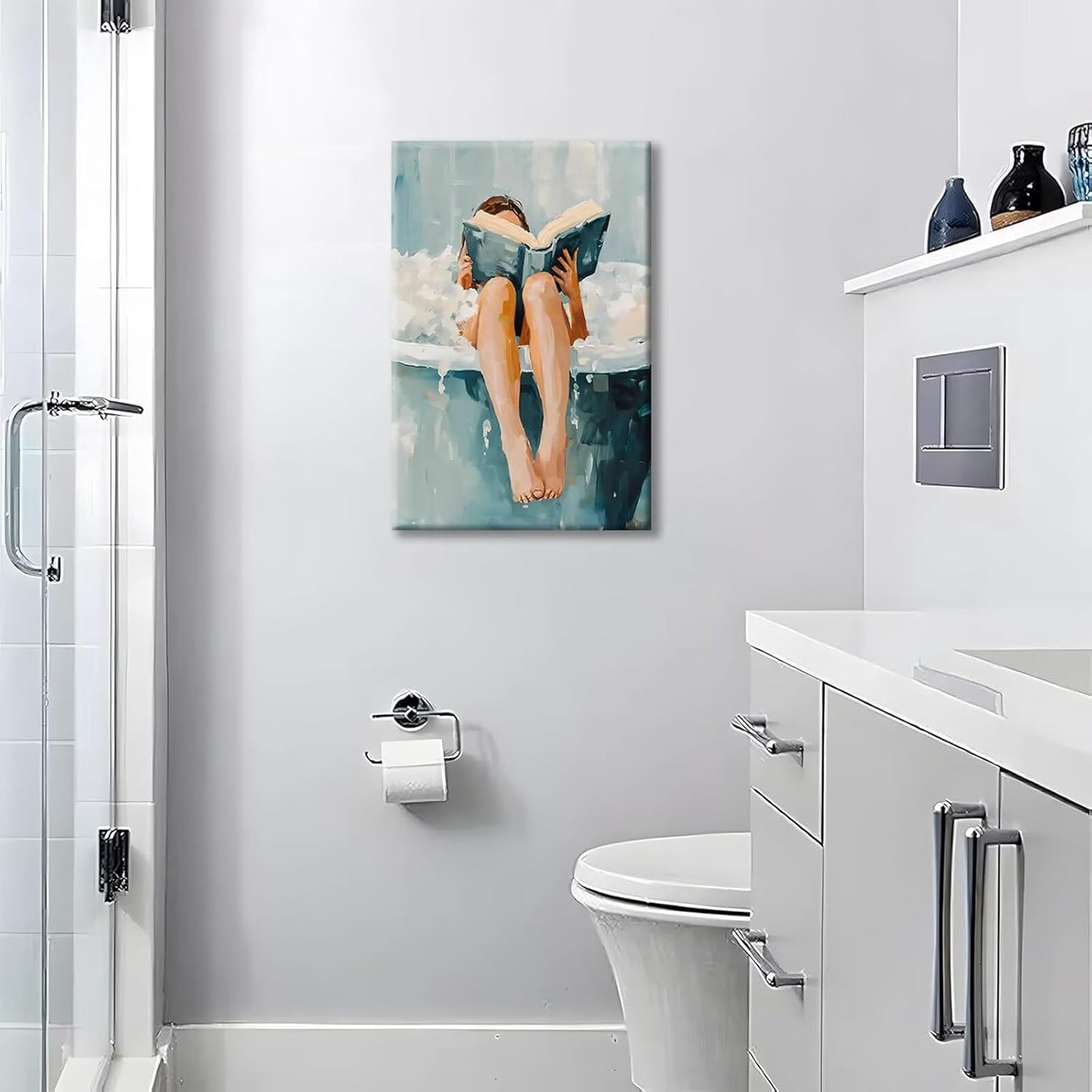 Woman Reading in Bath Tub Wall Art Modern Relaxing Bathroom Canvas Prints Vintage Minimalist Spa Poster Painting Trendy Whimsical Accent Aesthetic Picture Decor for Washroom 12x16inch Unframed