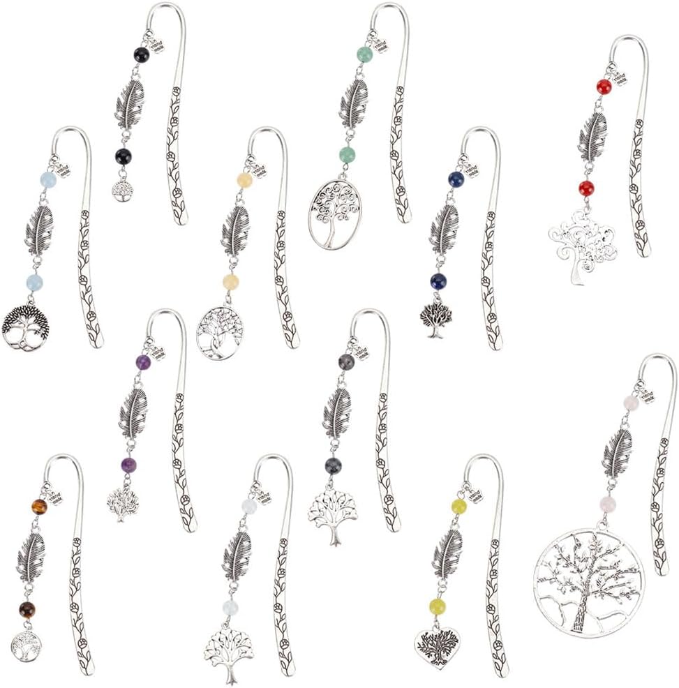 Tree of Life Bookmarks Metal Crystal 12pcs with Gemstone Beading Vintage Alloy Leaf Book Markers for Reading Book Lovers Teacher's Day Student Office Birthday