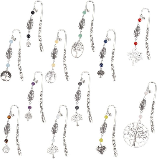 Tree of Life Bookmarks Metal Crystal 12pcs with Gemstone Beading Vintage Alloy Leaf Book Markers for Reading Book Lovers Teacher's Day Student Office Birthday