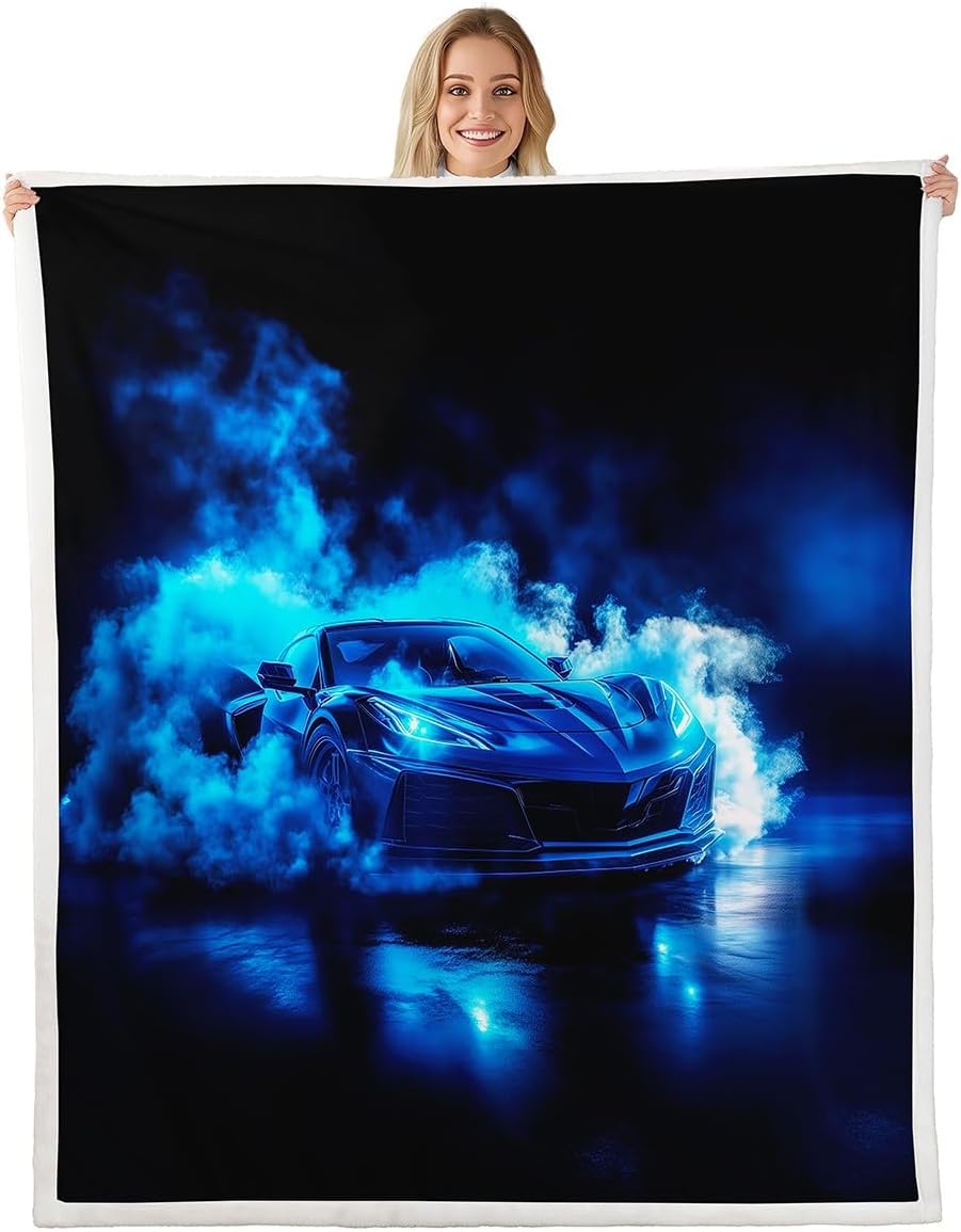 Boys Sports Car Blanket,Cool Blue Race Car Plush Blanket Queen 90x90 for Kids Teens,3D Foggy Racing Cars Throw Blankets,Extreme Sports Theme Fleece Fuzzy Blankets Racing Games Race Cars Room Decor