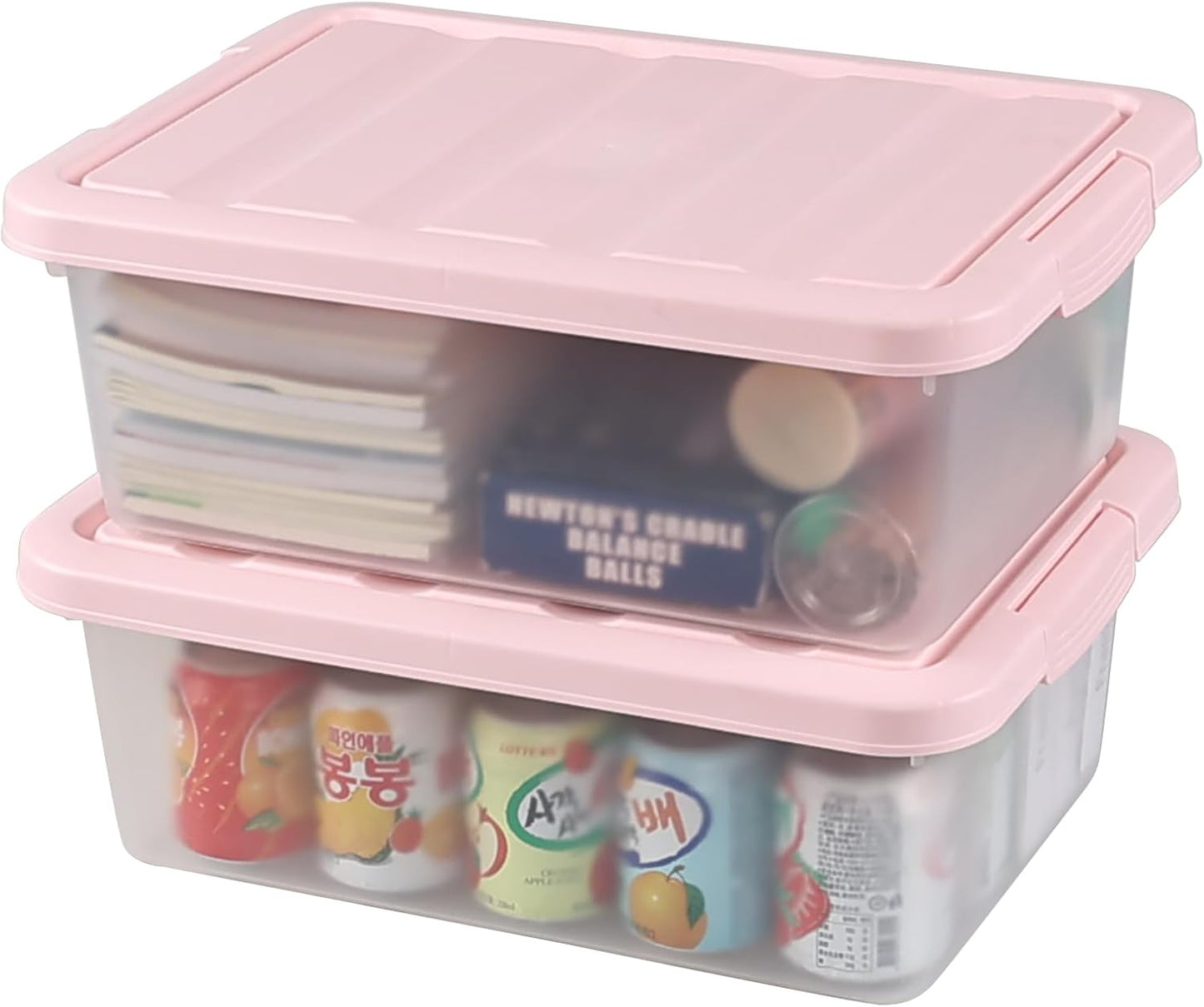 14 Quart Plastic Latching Storage Bin, Frosted Clear Storage Box with Pink Lid, 2 Pack