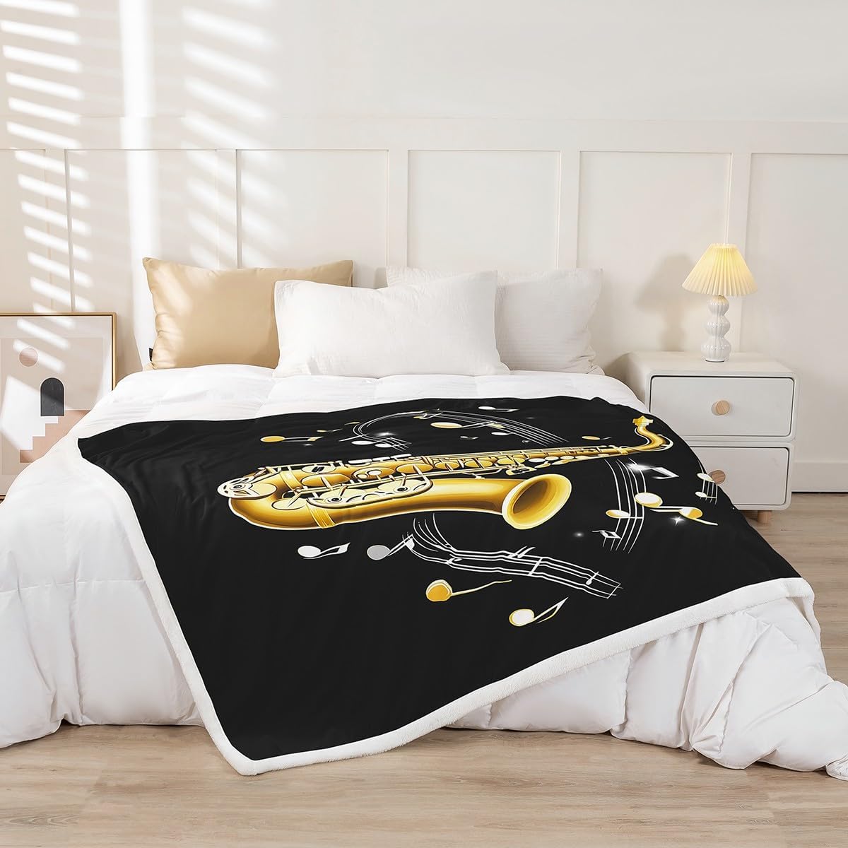 Erosebridal Saxophone Sherpa Blanket With Rotating Musical Notes - Fleece Throw for Kids, Boys, Girls - Retro Jazz Music Theme Fuzzy Decor for Sofa - Queen 90"x90" Gold Black