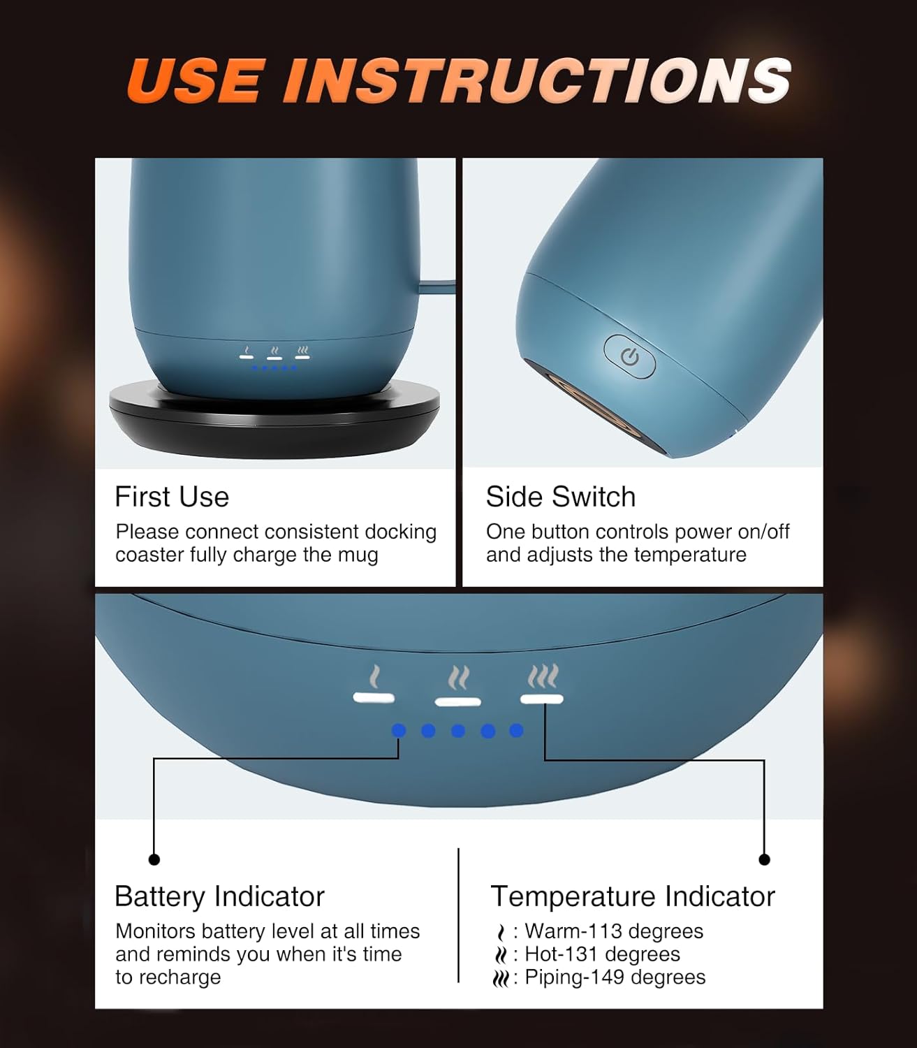 Kepwam Self Heating Coffee Mug T2, 16oz Smart Heated Coffee Mug, 150 Min Battery Life - Hot up to 149℉ Temperature Control Coffee Mug Warmer, Gifts for Dad Mom (No APP)