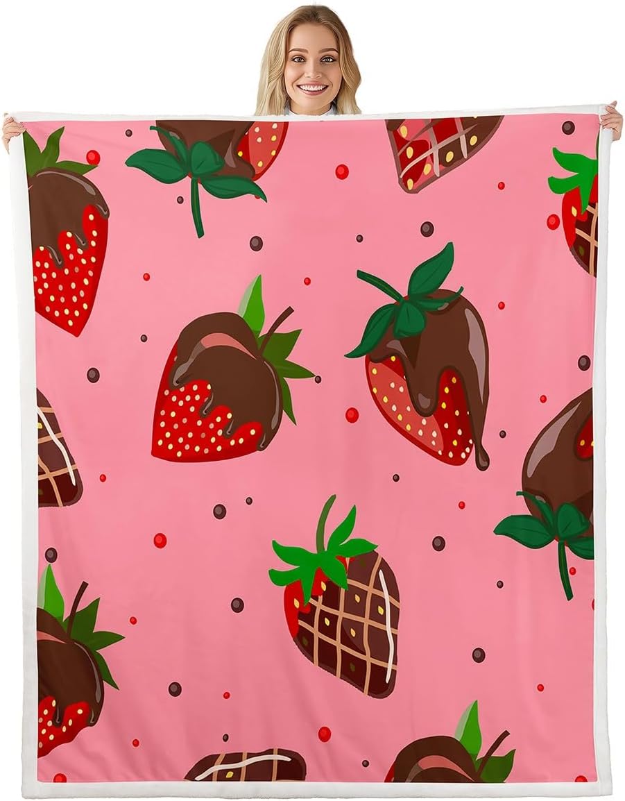Girls Chocolate Strawberry Sherpa Blanket Whimsical Dessert Fleece Throw Blanket for Bed Sofa Couch Sweet Strawberry Plush Blanket Ultra Soft Decor Warm Fuzzy Blanket Food Pink Twin 60x80