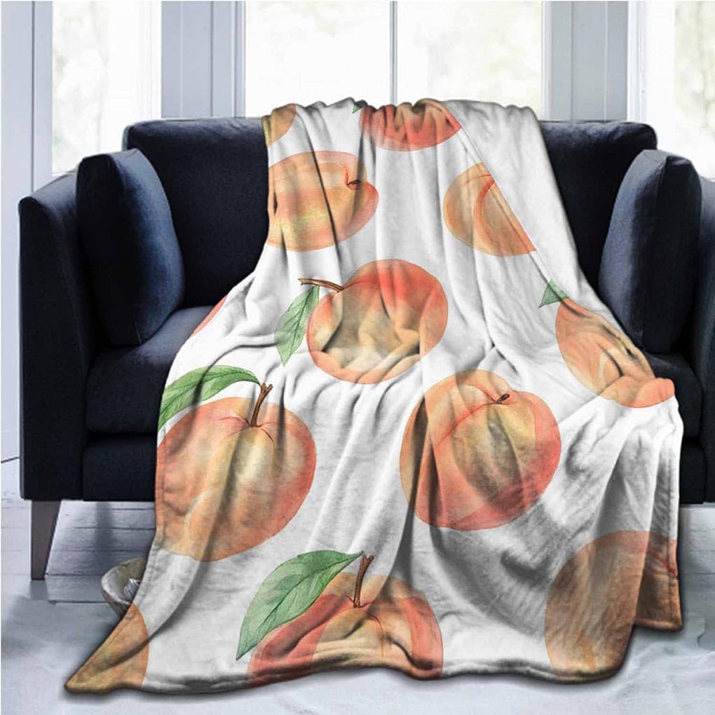 Mugod Peach Throw Blanket Watercolor Hand Drawn Peaches Seamless Pattern Decorative Soft Warm Cozy Flannel Plush Throws Blankets for Bedding Sofa Couch 50 X 60 Inch