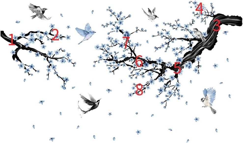 Blue Floral Wall Sticker Hanging Flower Vine Room Decor Large Tree Branch Wall Decals Peel and Stick Birds Wall Stickers for Bedroom Living Room