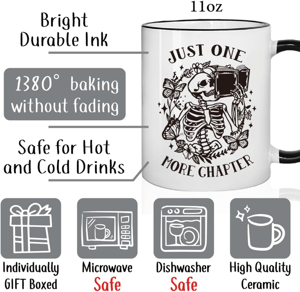 Funny Book Mug for Book Lovers - Just One More Chapter Skeleton Reading Gifts for Women Men Librarian Bookish Book Club Bookworms Readers Teacher Booknerd Friends 11oz