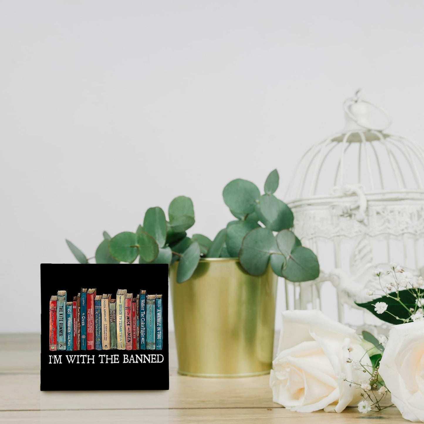 Book Lovers Gifts, Librarian Gifts, Bookshelf Reading Nook Decor, Reading Corner Decor, Library Decor, Book Lover Decor - I'm with the Banned Book Reading Wood Signs Plaque, 6.2x6.2 Inches