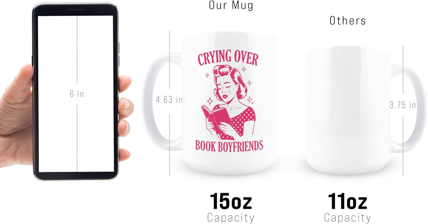 Hogg Crying Over Book Boyfriends Mug, 15 oz Ceramic Coffee Cup, Book Lovers Mugs for Women, Bookworm Coffee Cup, Library Themed Gifts, Gift for Librarians and Bookworms
