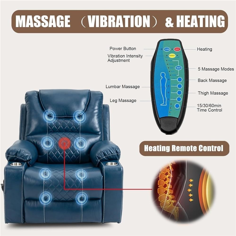 Large Power Lift Recliner Chair Sofa with Massage and Heat Infinite Positions Cup Holders Extended Footrest Side Pockets Electric Recliners Chairs for Home Theater