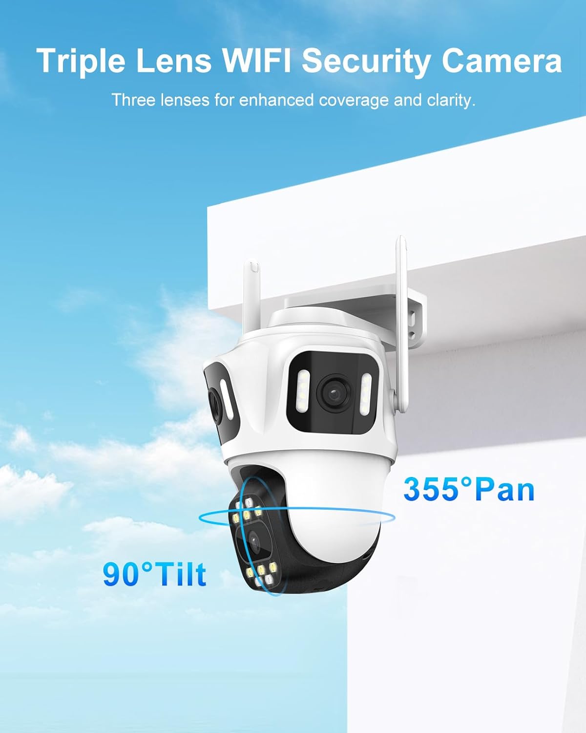 9MP Three Lens Wireless Outdoor Security Camera, 360° Pan/Tilt, 2.4GHz WiFi, AI Auto Tracking, No Blind Spot,24/7 Recording, Night Vision,Spotlight,2-Way Audio, IP66, for Home Surveillance