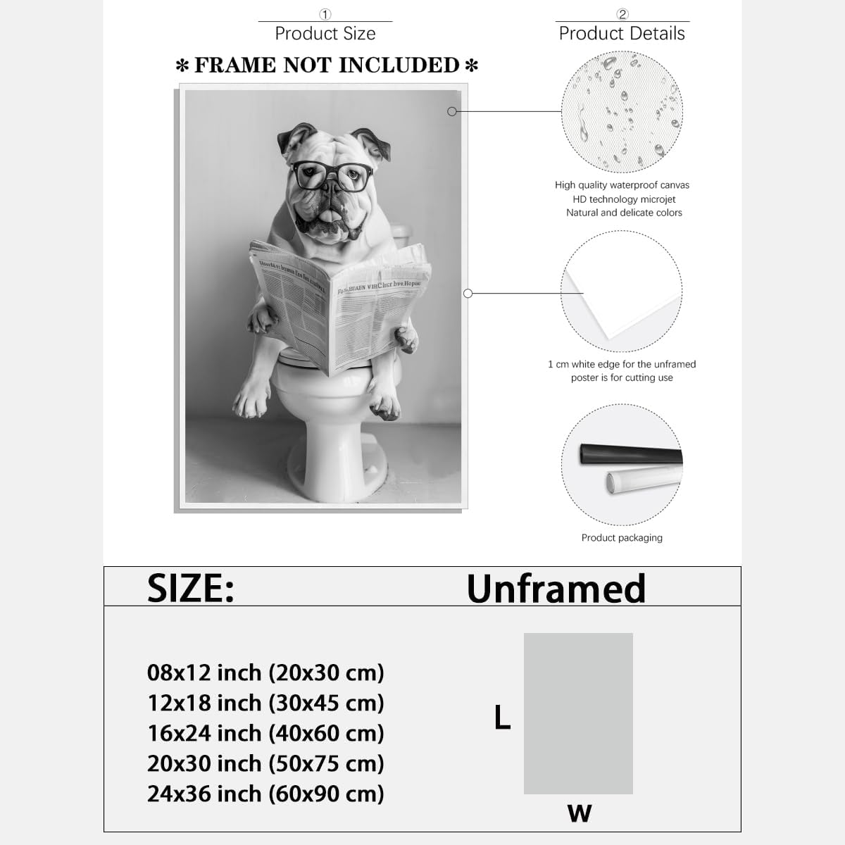 Funny Bathroom Wall Art Pitbull Sitting on Toilet Reading Newspaper Poster Black and White Animal Aesthetic Canvas Prints for Living Room Bedroom Wall Decor12x18inch Unframed