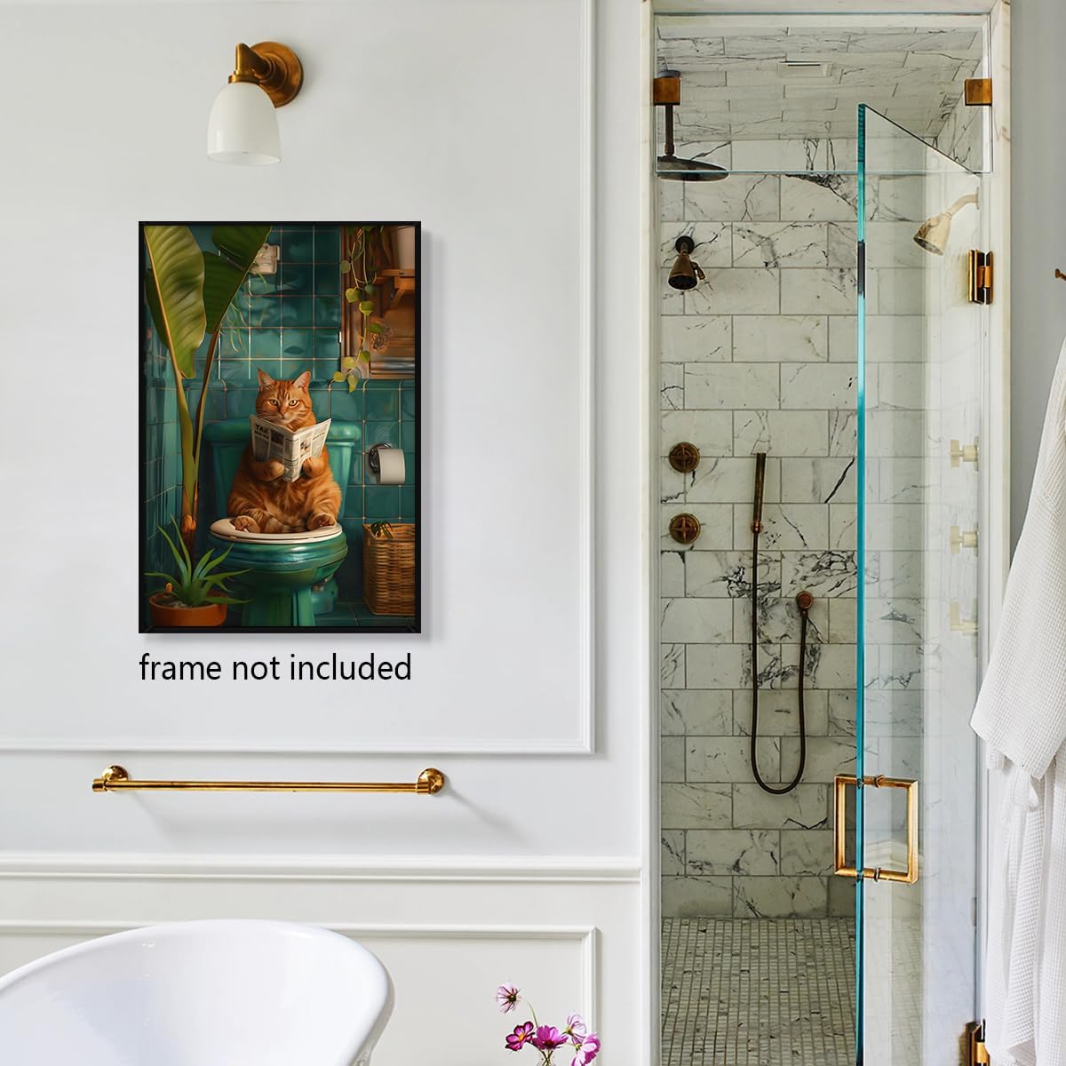 Funny Cat Reading Newspaper on Toilet Canvas Wall Art - Cute Pooping Bathroom Poster Print - Animal Decor 12x16in Unframed