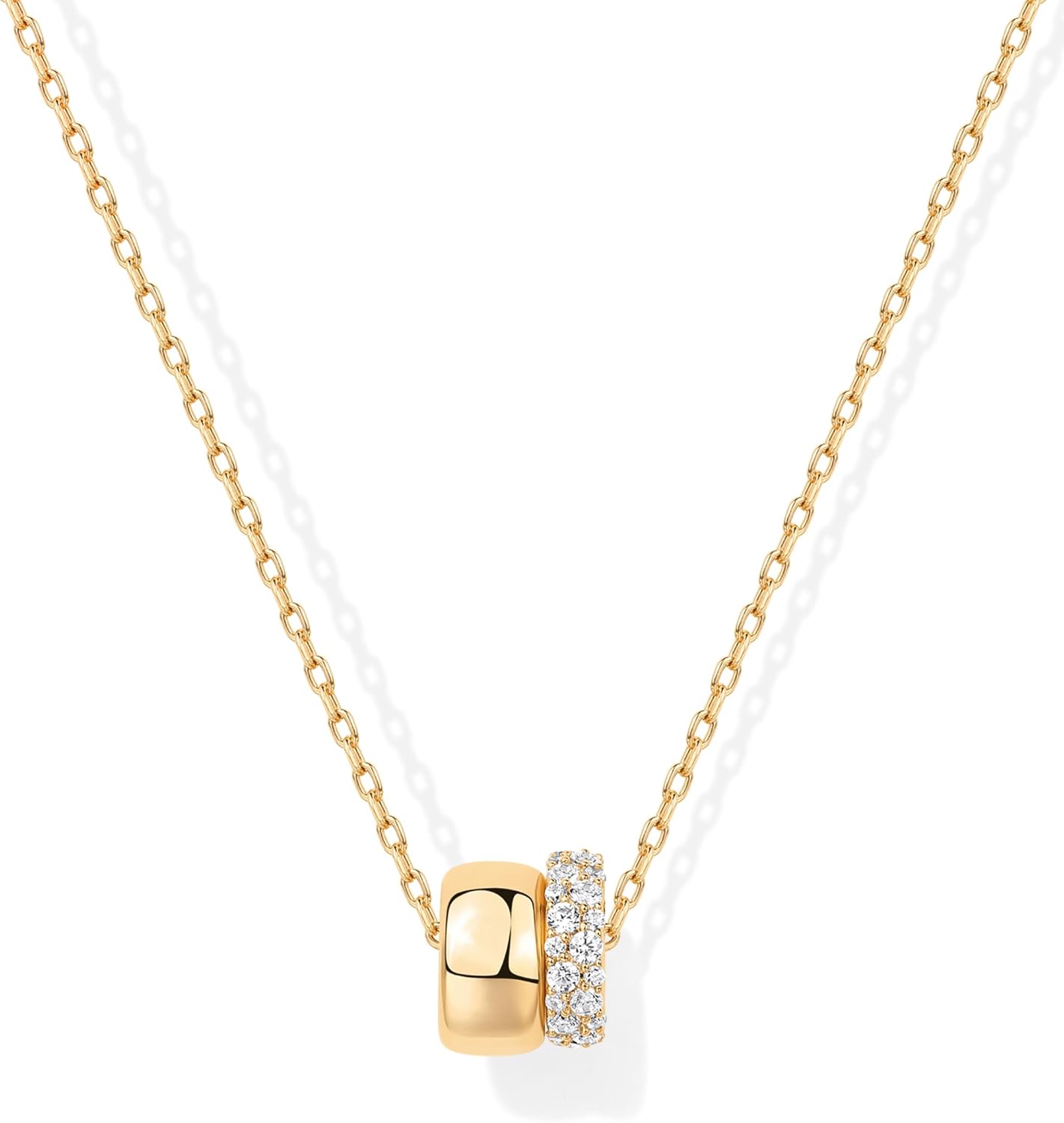 PAVOI 14K Gold Plated Pendant Necklace for Women | Two Distinct Rondelle Pendants with Cubic Zirconia | Sliding Chain Pendant | Trendy Fashion Jewelry