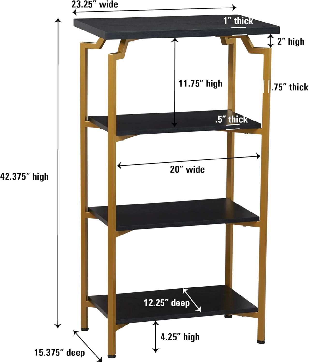 Household Essentials Crown Narrow 4 Shelf Open Storage Bookshelf Black Oak Wood Grain and Gold Metal