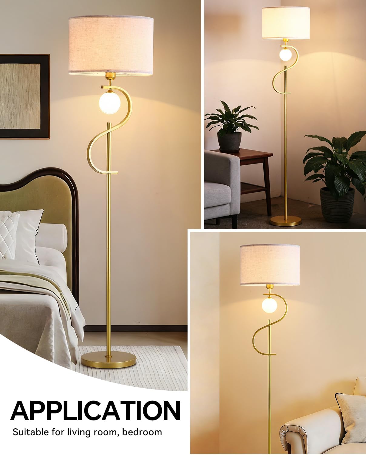 63" Vintage Gold Floor Lamp with Spherical Light, Mid-Century Modern Linen Shade Standing Lamp for for Living Room Reading House Bedroom Home (LED Bulb Included)