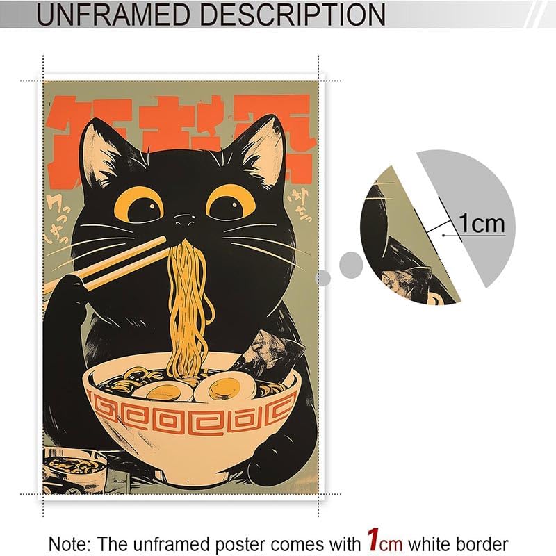 noskisy Vintage Black Cat Eat Tasty Noodle Posters Japanese Cute Cats Canvas Wall Art Period Ramen Cat Lovers Prints Painting For Kitchen Home Bedroom Dorm Wall Decor 8x12in Unframed