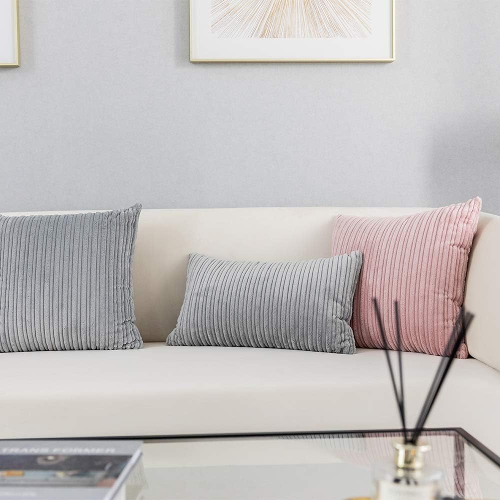 Kevin Textile Decorative Pillow Covers Decor Supersoft Striped Velvet Throw Toss Pillowcase Cushion Cover for Chair, Light Grey, (45x45 cm, 18inch), 2 Pieces