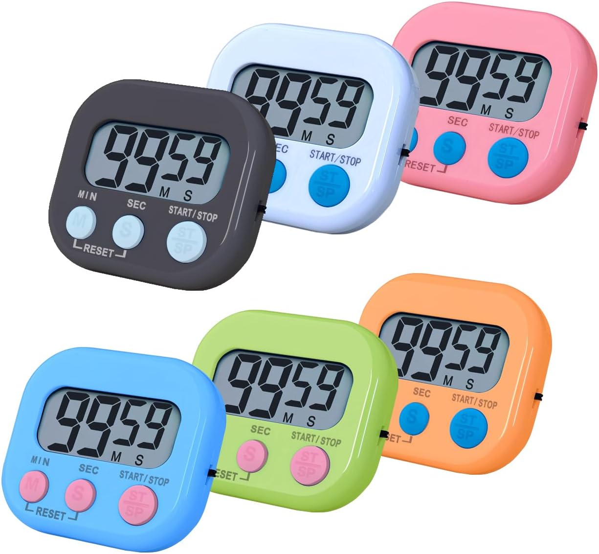 Timers, BESTWYA Magnetic Timer with Clear LCD Screen 3 Big Buttons On/Off Switch Count Up and Down Function for Kitchen,Study,Work,Exercise Training,Outdoor Activities (6,6 Colors)